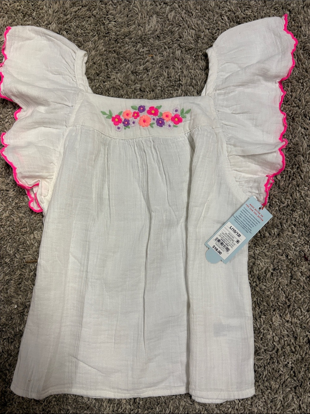 Cat & Jack White Girls Flutter Sleeve Top with Hot Pink Trim size L 10/12 NWT